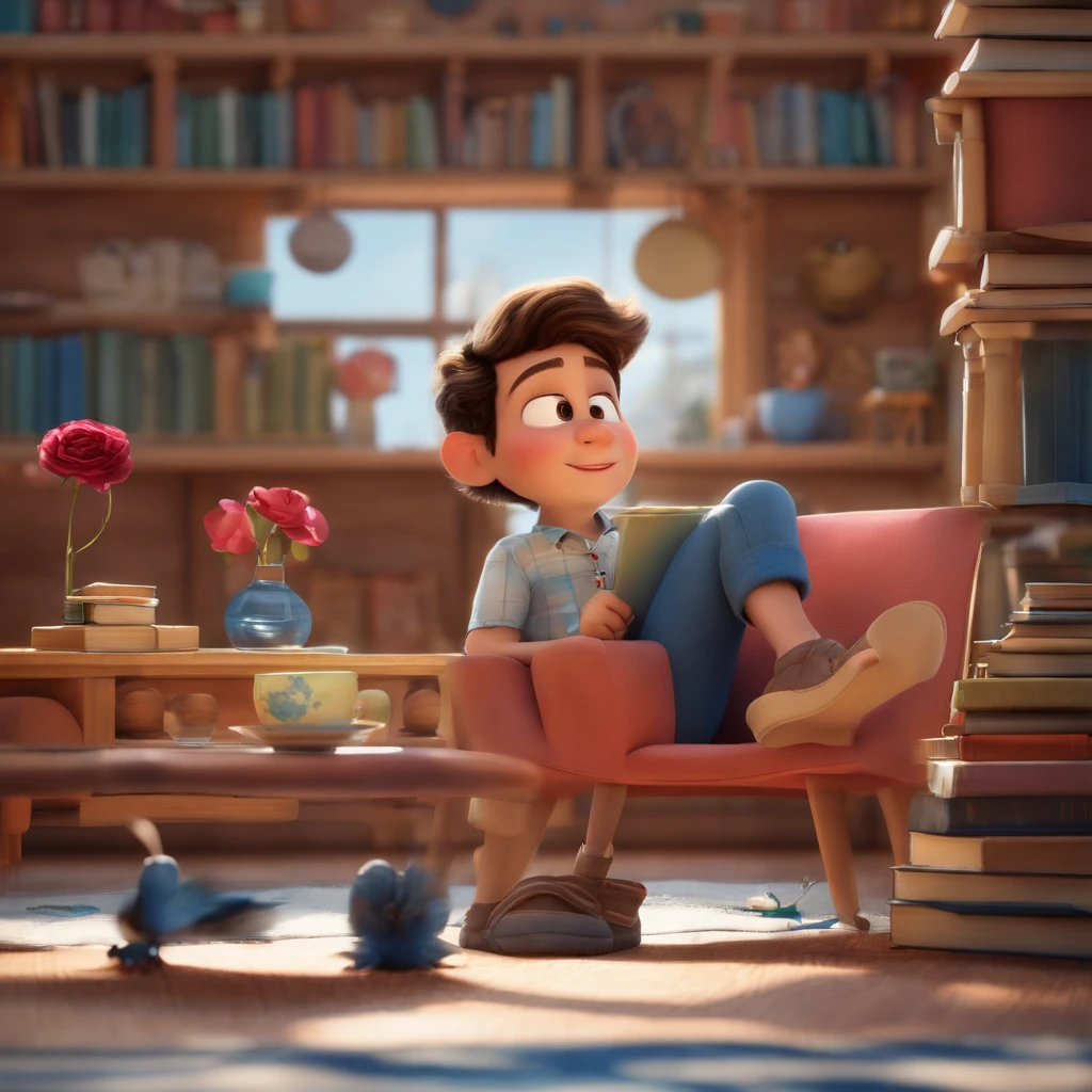 fundo branco, pixar desenhos animados 3D, homem lendo um livro, ::Pixar estilo desenhos animados curto  de cabelo preto em uma camisa azul, Black shorts, Meias brancas e botas rosas chutando uma bola em um campo