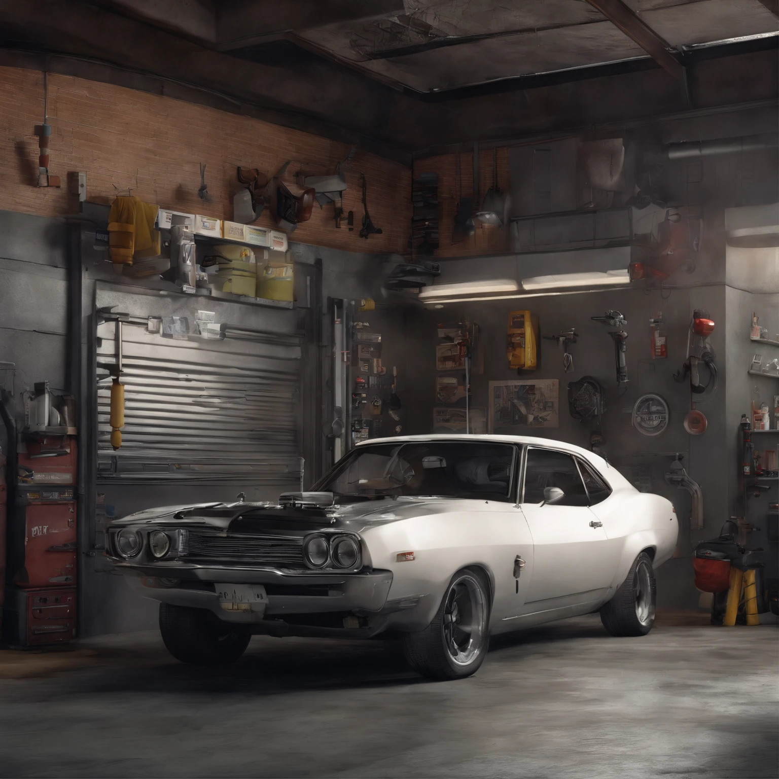 Create a Pixar-style 3D image: An automotive garage with a picture on the wall that reads Garage Service 1327 and with a car and a skinny man with black skin, bald and a very big beard, 35 years old with white sneakers, black pants, black t-shirt with logo 1327 and fixing the car with an open hood showing the engine and inspired by faster and angrier