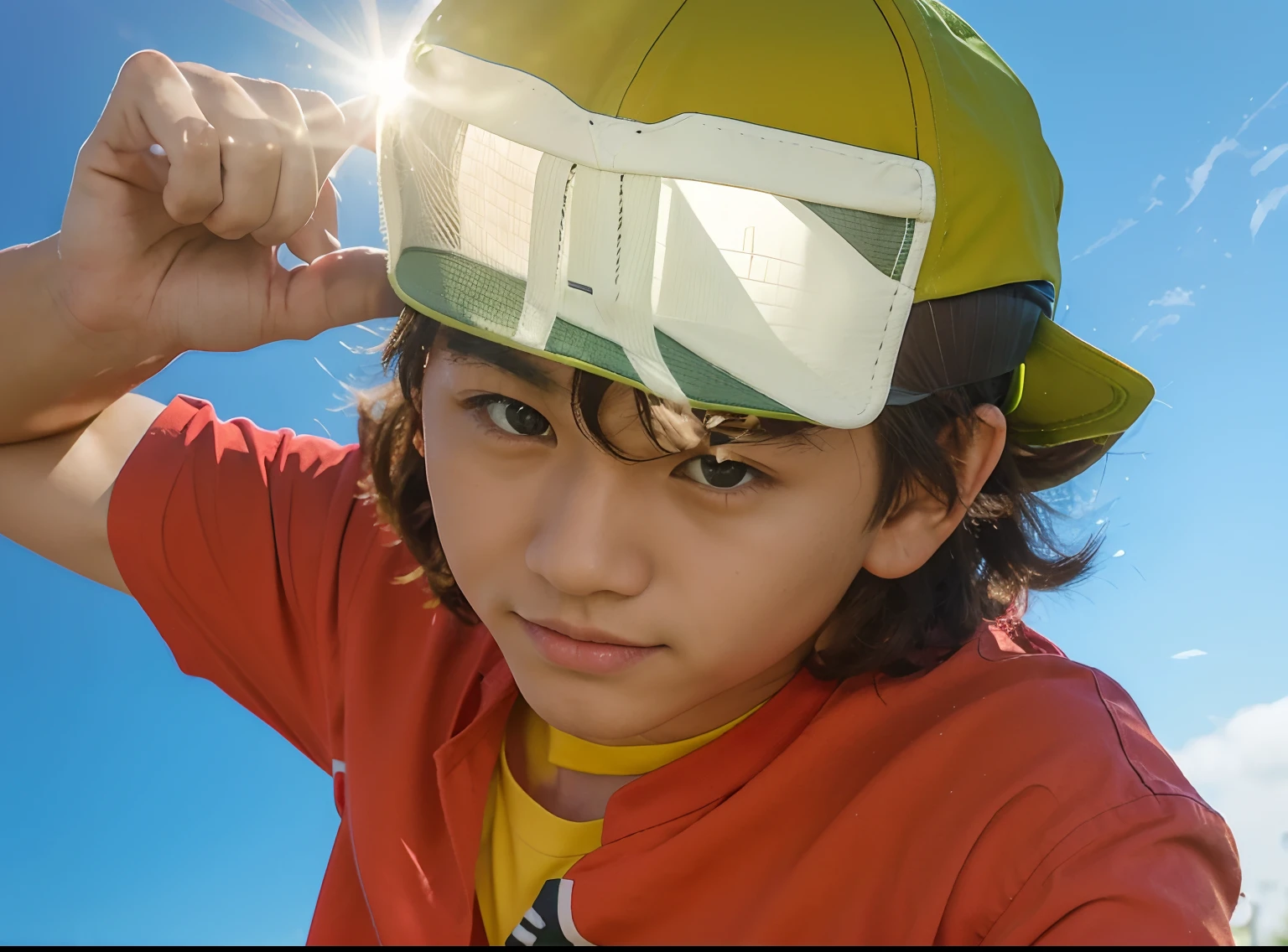 SDXL, photograph of Takuya kanbara, teenage boy, caucasian asian mix, sporty, green baseball cap, red overshirt, yellow tshirt