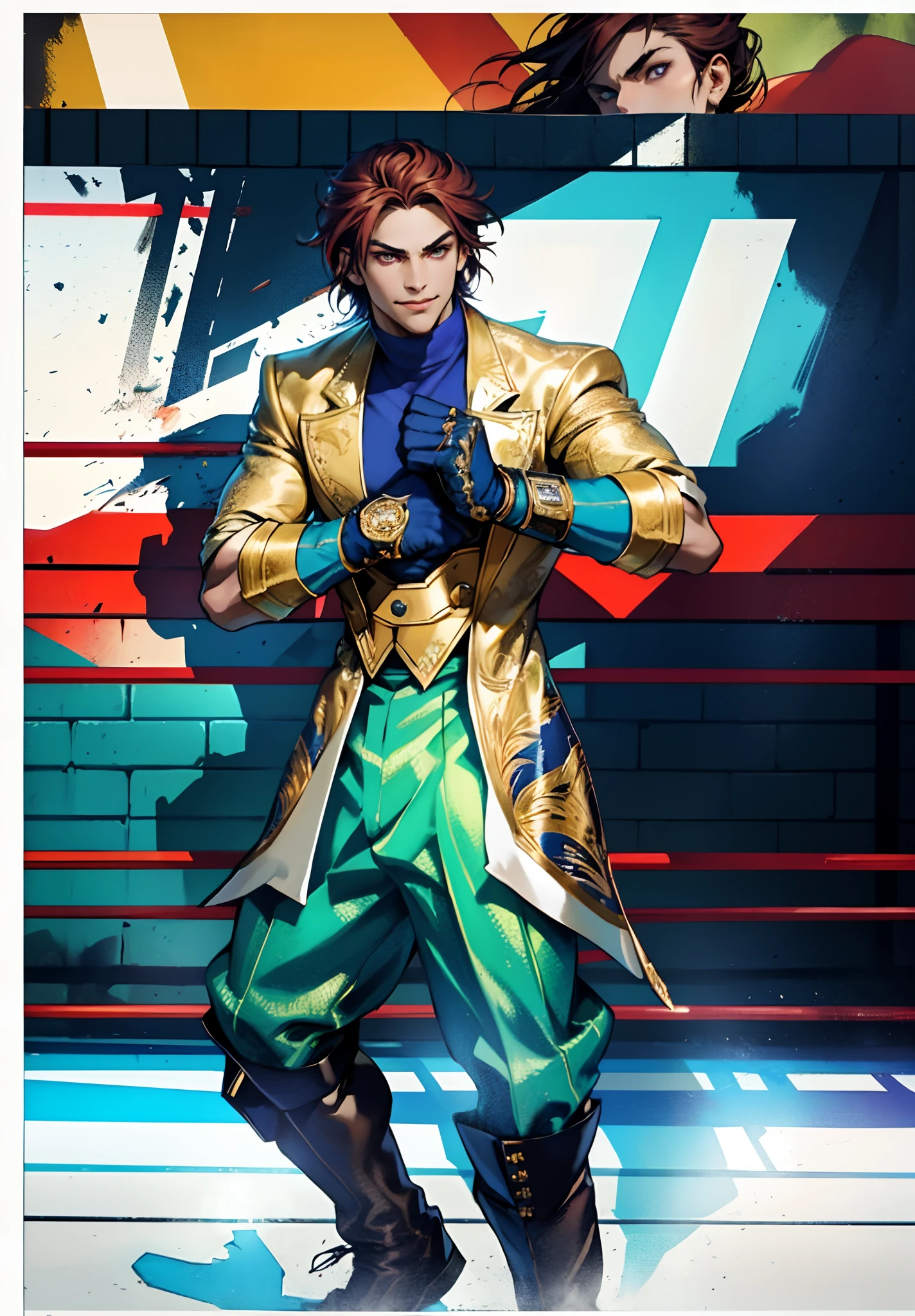 A young man, auburn hair, a center-parted back hairstyle, dark skin, narrow eyes, a cunning smile, a two-piece fantasy-reality style outfit, a white undershirt, a dark formal-style coat, wearing gloves, matching trousers with the outfit, has metallic-adorned knee-high boots, striking a boxing pose, against a background of horizon, this character embodies a finely crafted fantasy-reality style fighter in anime style, characterized by an exquisite and mature manga illustration art style, high definition, best quality, highres, ultra-detailed, ultra-fine painting, extremely delicate, professional, anatomically correct, symmetrical face, extremely detailed eyes and face, high quality eyes, creativity, RAW photo, UHD, 8k, Natural light, cinematic lighting, masterpiece-anatomy-perfect, masterpiece:1.5, tan skin