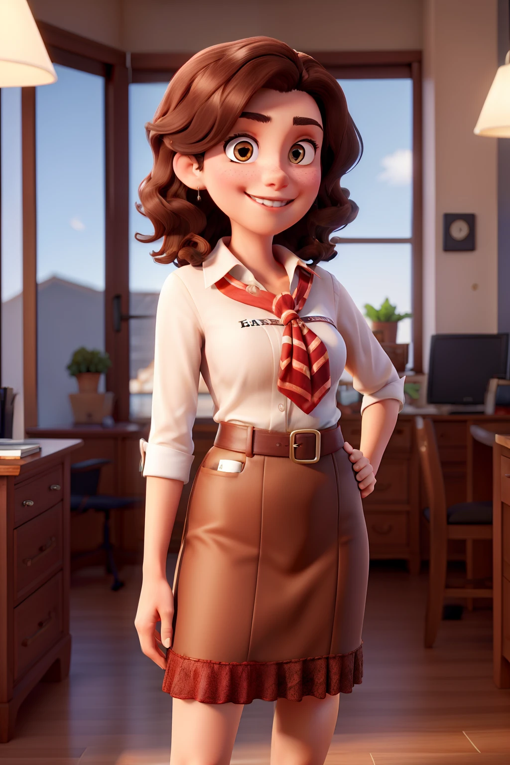 Real estate agent with short wavy brown hair and wearing a sash written Miss Helbor