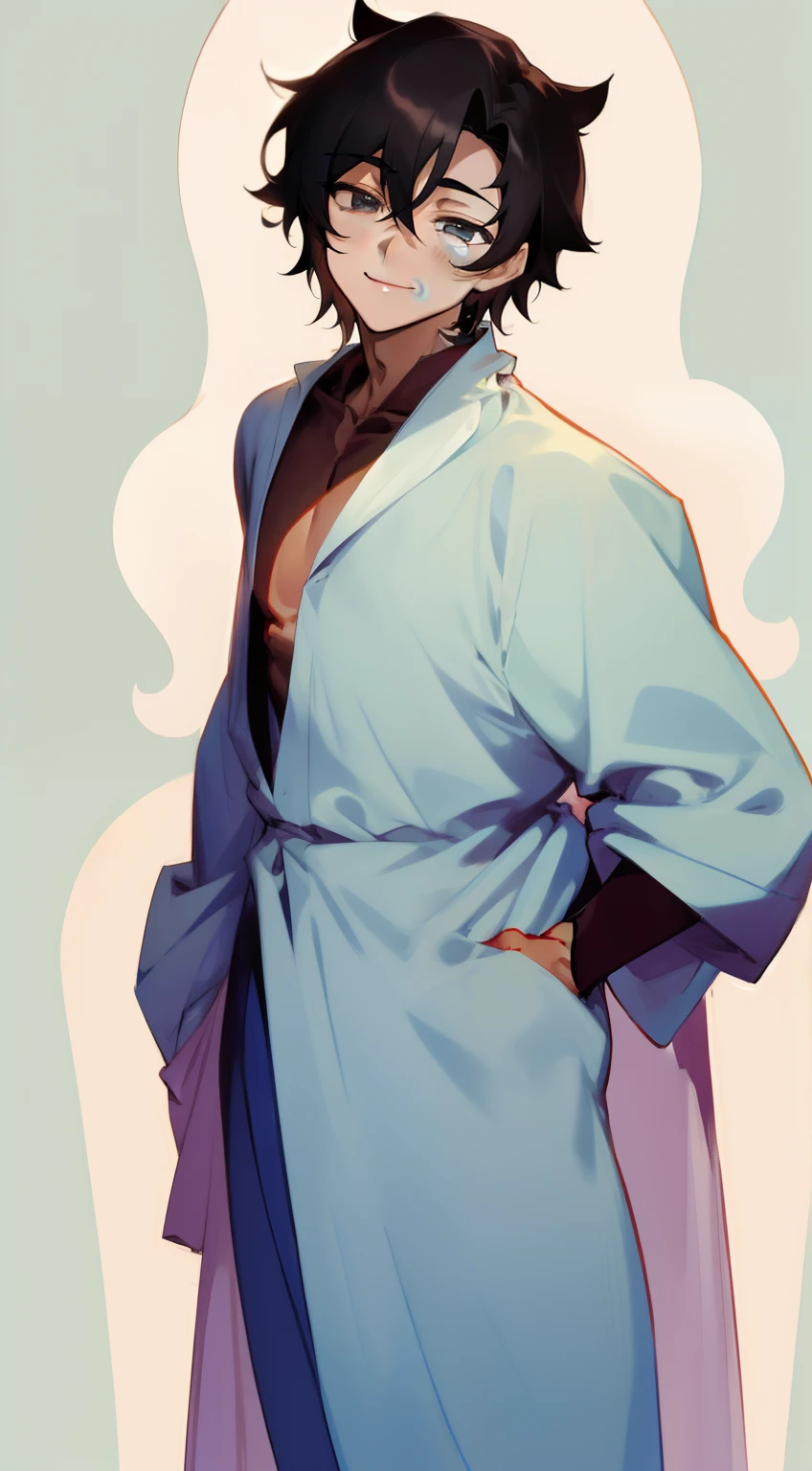 male character，Beautiful shape，Nothing background，A dark-haired，animesque，A slight smil，s Pajamas，Gentle smile，