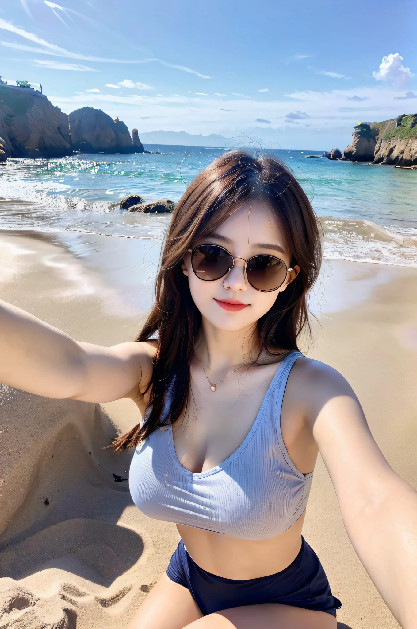 Japanese Beauty with Brown Hair taking a Selfie in High-quality Swimwear (1.5): (Japanese Beauty: 1.1), (Brown hair: 1.0), (Selfie: 1.0), (Swimwear: 1.2), Hyper-realistic, Detailed and Complex, (Photorealistic: 1.5), (Young Adult: 1.2), Close-up, Facial Focus, (Smiling Face: 0.9), (High Color Saturation: 1.1), (Sunglasses: 1.0), (Beach Background: 1.3
