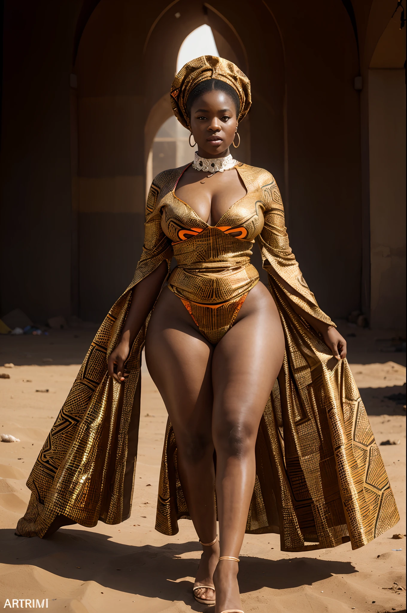 Full body shot of A beautiful curvy African woman dressed in African designed high fashion haute couture, standing in An empty African area full of different smoke colours in the atmosphere, RGB mix of smoke colours, Red, orange and white smoke colours in the scene, bringing a beautiful and vibrant atmospheric scene, soft light shining in the scene, with beautiful iridescent light, artgerm style, 32k, ultra HD, unreal engine rendered, hyper-realistic image