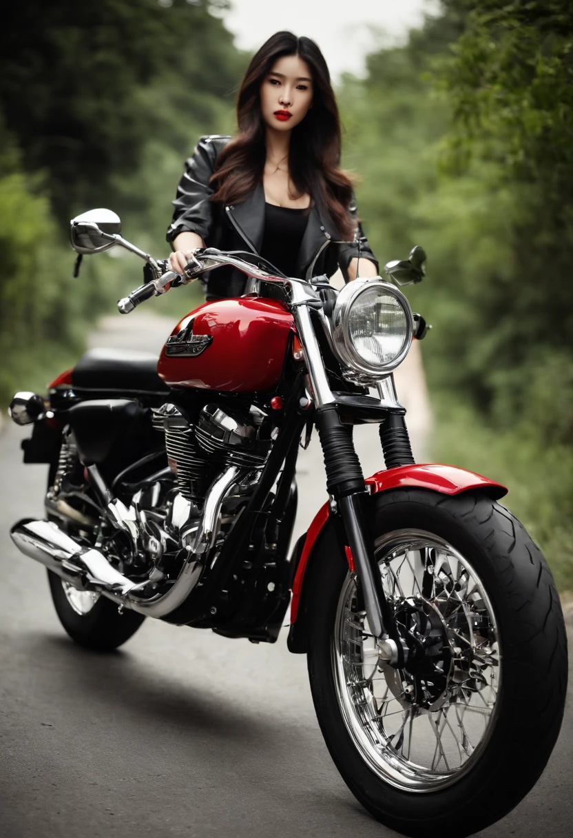 Magazines,(((A super sexy 25-year-old Chinese female model wearing a leather skirt and riding a Harley-Davidson motorcycle)),((Wear a red Nike T-shirt on the top)),Denim shorts on the bottom,Long black hair that floated up,(((Real expressions))),HD Real,Black eyes,busty figure,Expose cleavage,HD picture,Sony SLR lens,Shoot at medium distance,Soft lighting,tmasterpiece