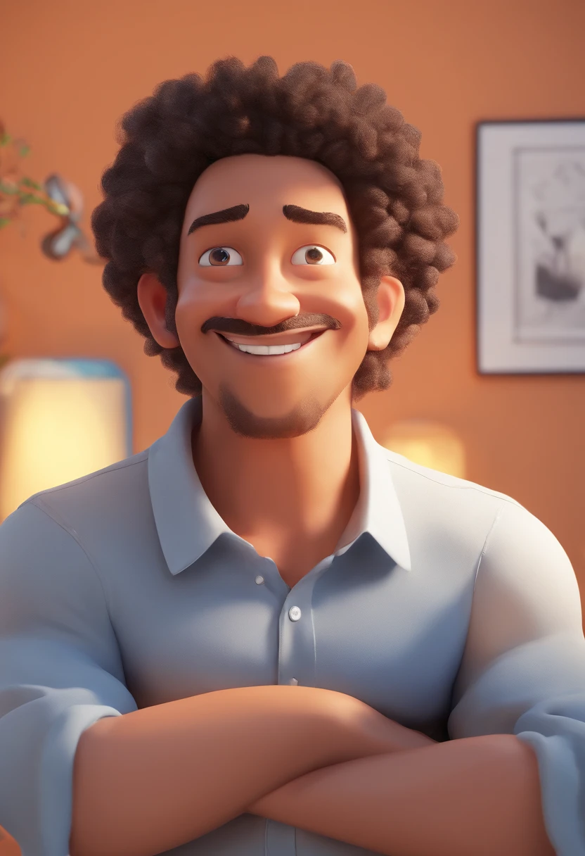Homem arafed com longos cabelos pretos e com camisa deitado em uma cama, com seus curtos cabelos pretos, cerca de 3 5 anos, Um garoto bonito com cabelo curto, vestindo uma roupa de motoqueiro, Standing against a white background. The boy has a happy expression on his face. The art style should resemble Pixar's animation style, with detailed and asymmetrical features. A imagem deve ter um efeito 3D, as in 16K resolution, And have a cartoonish feel to it. The lighting should be bright and cheerful, with vivid colors.