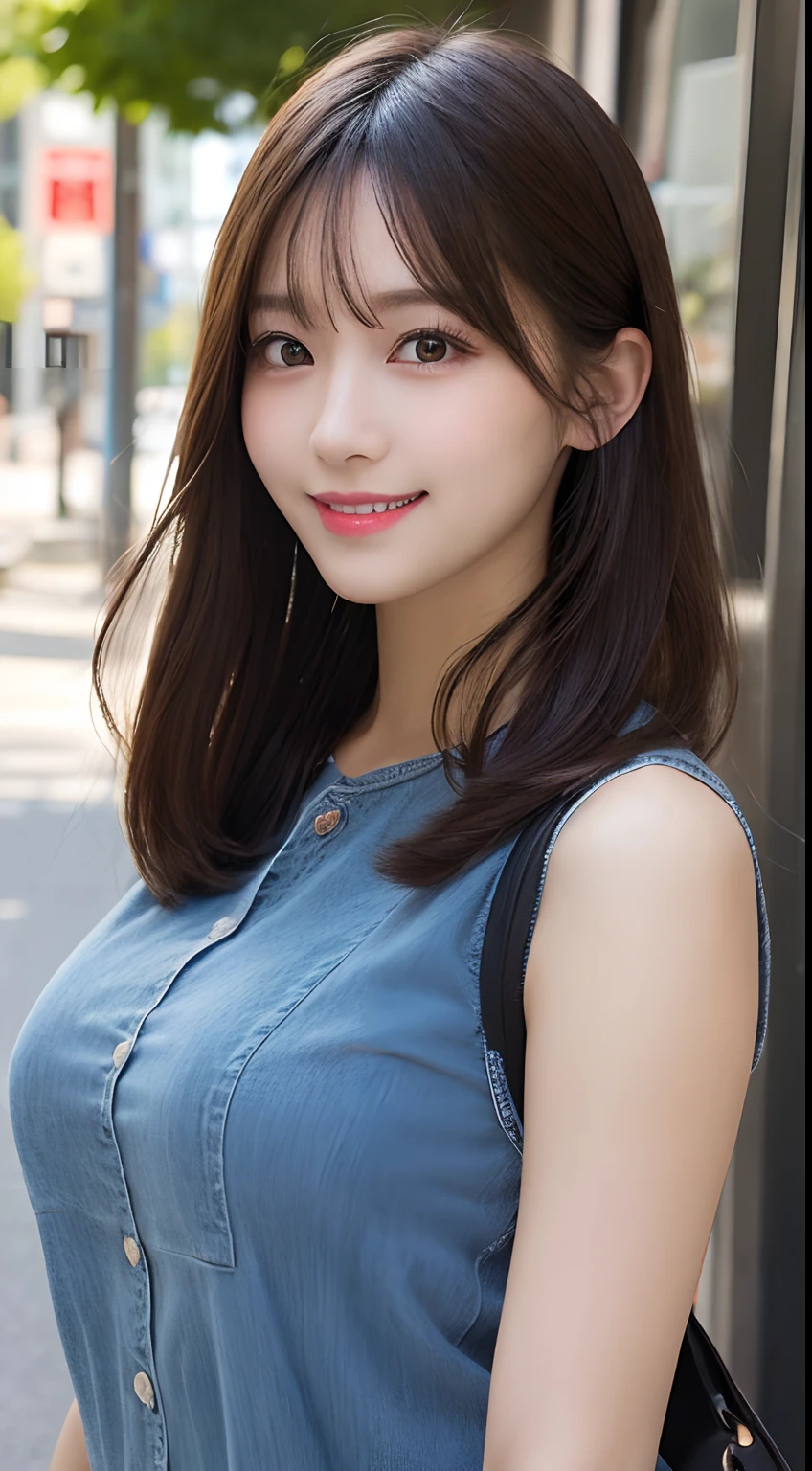 (masterpiece, best quality:1.1), (8k, raw photo, photo realistic:1.2, f22), (shiny skin), detailed skin,long hair,ribbon,detailed face, detailed eyes,smile,BREAK, real world, intricate details, smil, BREAK, 1girl, full body,(short sleeve,dress,denim)BREAK, (street:1.4)