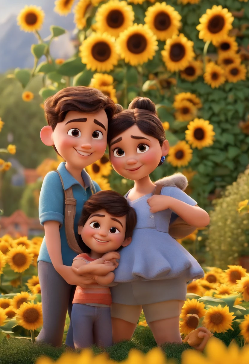 Create a Disney PIXAR-style 3D poster. ((centro da imagem, Triplets)), ((3 children)) ((1 menino no meio e 2 meninas ao lado, They're hugging each other, O menino tem pele castanha e cabelos castanhos escuros e olhos castanhos escuros, 1 menina tem pele clara, olhos e cabelos escuros e cacheados, e a outra menina tem pele morena, olhos escuros e cabelos escuros e lisos)) ((tudo isso no estilo Disney PIXAR 3D, In the background, A house of sunflowers, Gloria Studio, The garden is full of nature 3D render RTX clay material, estilo de design cartunesco, POP Mart, soft lighting, linhas suaves, Spring tilt, Detailed illustrations of PIXAR 3D, Detalhes hiper-realistas, cor quente no estilo Disney PIXAR 3D))