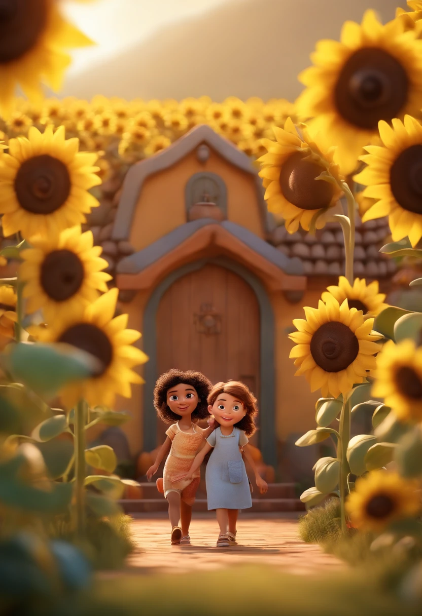 Create a Disney PIXAR-style 3D poster. ((centro da imagem, Triplets)), ((3 )) ((1 menino no meio e 2 meninas ao lado, They're hugging each other, O menino tem pele castanha e cabelos castanhos escuros e olhos castanhos escuros, 1 menina tem pele clara, olhos e cabelos escuros e cacheados, e a outra menina tem pele morena, olhos escuros e cabelos escuros e lisos)) ((tudo isso no estilo Disney PIXAR 3D, In the background, A house of sunflowers, Gloria Studio, The garden is full of nature 3D render RTX clay material, estilo de design cartunesco, POP Mart, soft lighting, linhas suaves, Spring tilt, Detailed illustrations of PIXAR 3D, Detalhes hiper-realistas, cor quente no estilo Disney PIXAR 3D))