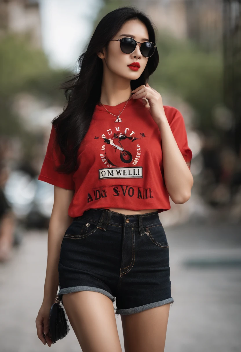Magazines,(((A super sexy 25-year-old Chinese female model wearing a leather skirt and riding a Harley-Davidson motorcycle)),((Wear a red Nike T-shirt on the top)),Denim shorts on the bottom,Long black hair that floated up,(((Real expressions))),HD Real,Black eyes,busty figure,Expose cleavage,HD picture,Sony SLR lens,Shoot at medium distance,Soft lighting,Master masterpieces