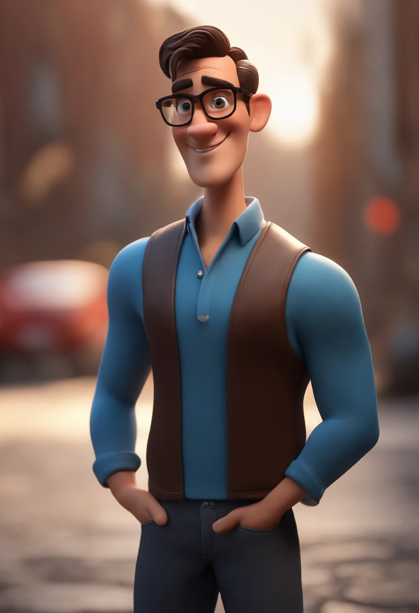 Cartoon character of a man with black glasses and a blue shirt, animation character, Caractere estilizado, animation style rendering, 3D estilizado, Arnold Maya render, 3 d render stylized, toon render keyshot, Personagem 3D, Personagem 3D, 3d rendering stylized, 3 d character render, personagem de desenho animado, Personagem de close up, Pose de personagem, (Estilo Pixar) (master part:1.2) (Bokeh) (best quality) (pele detalhada) (textura detalhada) (8k) (argila) (Cinematic lighting) (foco nítido