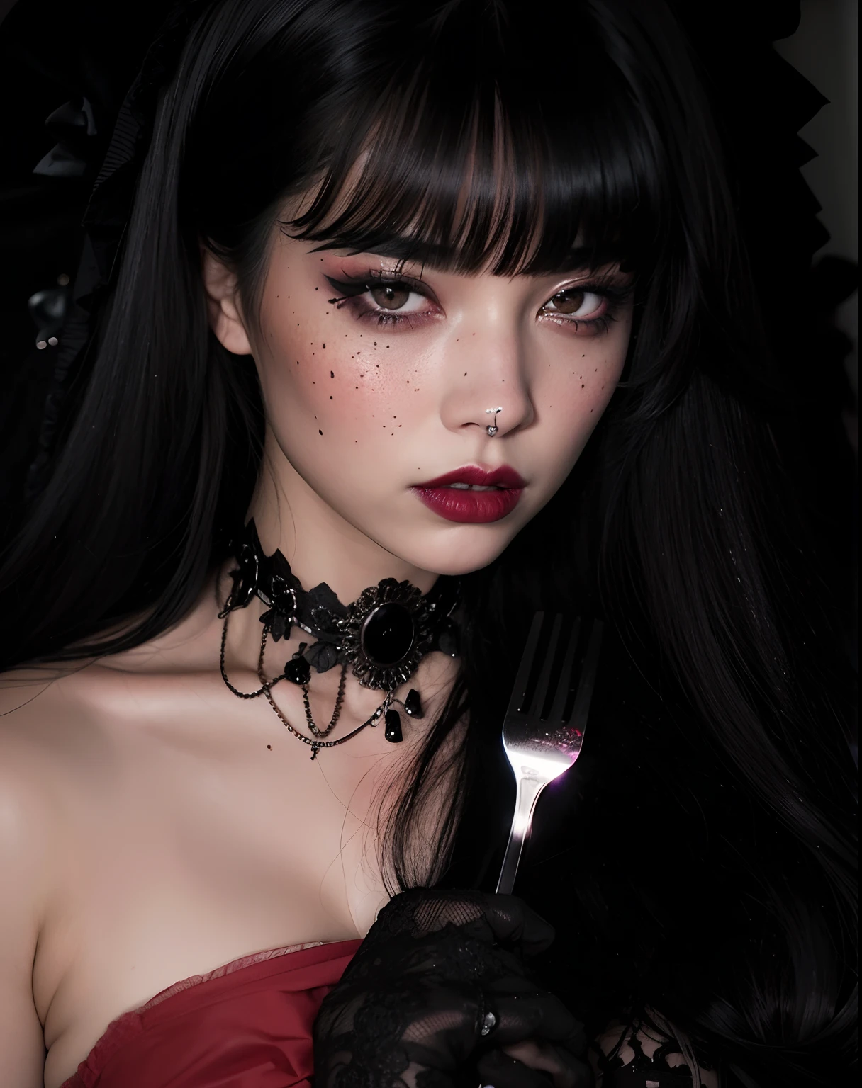 Araffe mujer con cabello negro y maquillaje rojo posando para una foto, cruel korean goth girl, gothic horror vibes, Estilo oscuro y de terror, goth girl aesthetic, gothic aesthetic, mirada aterradora, Spooky aesthetics, japanese gothic, darkwave goth aesthetic, gothic aesthetic, Ominous Gothic aesthetic, Horror aesthetics, Goth makeup, gothic face, chica vampiro, Gothic girl face, Goth makeup