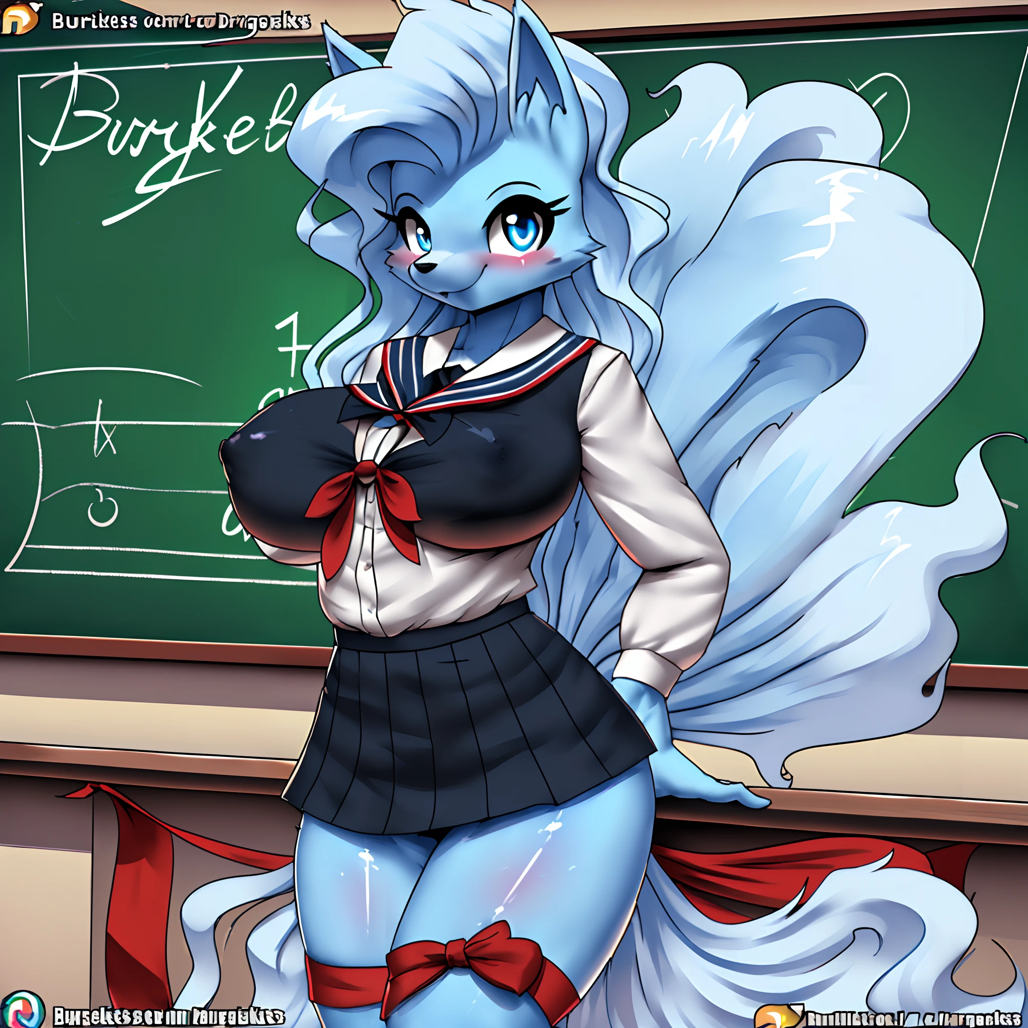 1girl ((Made by Burgerkiss)), Alolan Ninetales, ((solo)), ((big and firm breasts, antrum, extremely detailed, extremely detailed legs, extremely detailed arms, extremely detailed face, perfectly detailed eyes, perfectly detailed anatomy)), looking at viewer, ((Wearing,Black blazer, ribbon, socks, high school uniform: 1.2), high school classroom, beautiful detail))