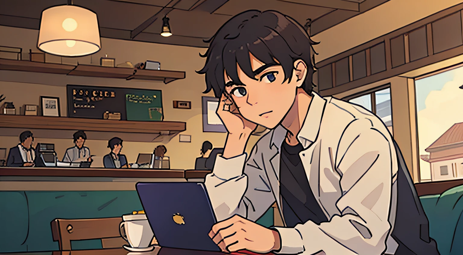 Male college student studying in a café