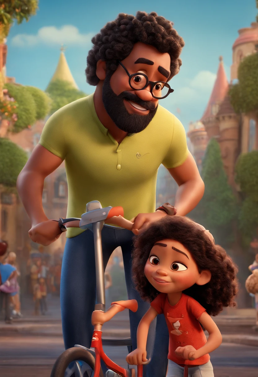 Um filme inspirado na Disney Pixar (MENINA NEGRA JOVEM COM CABELO LONGO CACHEADO PRETO) dentro A cena estar na arte distinta do estilo PIXAR, 42-year-old man with beard wearing sports glasses and 2--old -haired daughter with face dirty from crying tears, Disney Pixar poster style in high resolution