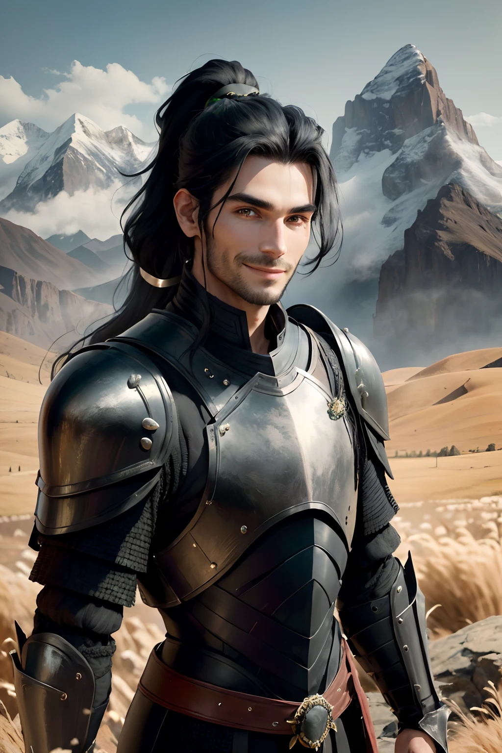 ((masterpiece, best quality)), 1guy, (((man))), medium black hair in a high ponytail, black armor, looking at the viewer, mountains, verdant fields, 8k, perfect eyes, perfect hands, smiling