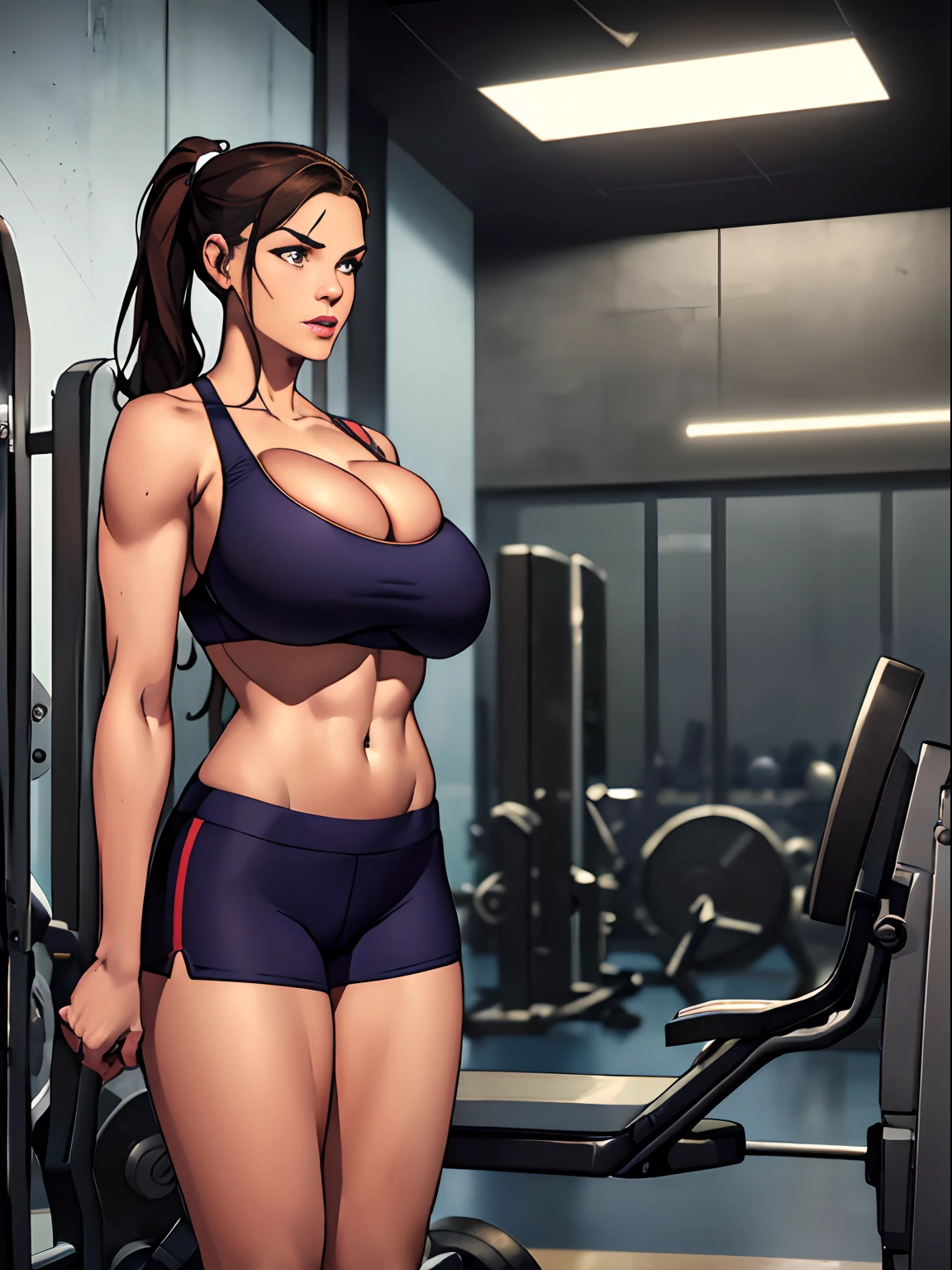 (masterpiece, top quality, best quality, official art, beautiful and aesthetic:1.2), (1girl:1.3), (gorgeous face), light freckles, fair skin, brown hair, extremely detailed, portrait, looking at viewer, solo, (full body:0.6), detailed background, close up, (airy modern theme:1.1), extremely busty gym girl, ponytail, big lips, arched back, flexing, charlatan, smirk, mysterious, standing in the gym, sports bra, leggings, headphones, wet, workout gear, weight machines, windows, modern gym, well-lit, thin and toned physique, ((((gigantic breasts, cleavage, skindentation)))), slim waist, slim hips, long legs, modern (gym interior:1.1) background, dark mysterious lighting, shadows, magical atmosphere, dutch angle,