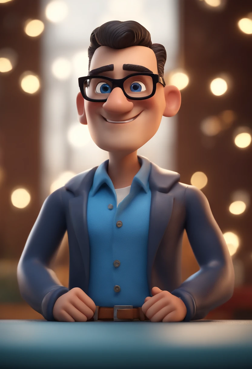 Cartoon character of a man with black glasses and a blue shirt, animation character, Caractere estilizado, animation style rendering, 3D estilizado, Arnold Maya render, 3 d render stylized, toon render keyshot, Personagem 3D, Personagem 3D, 3d rendering stylized, 3 d character render, personagem de desenho animado, Personagem de close up, Pose de personagem, (Estilo Pixar) (master part:1.2) (Bokeh) (best quality) (pele detalhada) (textura detalhada) (8k) (argila) (Cinematic lighting) (foco nítido