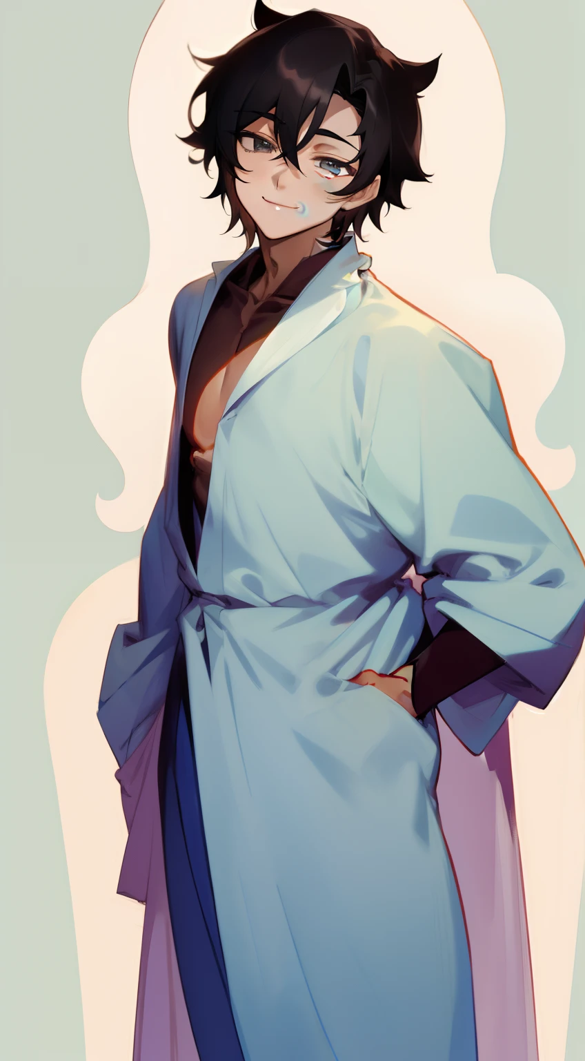 male character，Beautiful shape，Nothing background，A dark-haired，animesque，A slight smil，s Pajamas，Gentle smile，