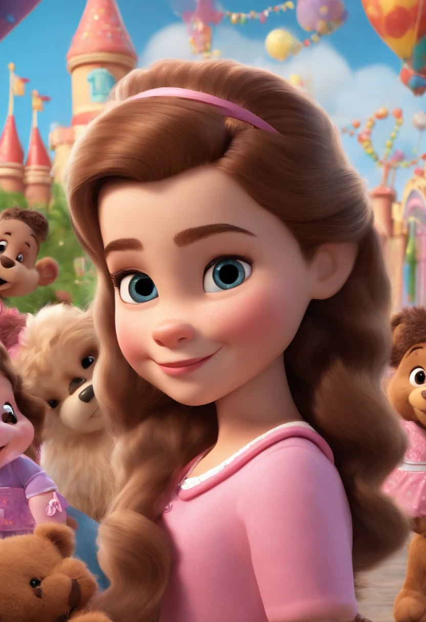 Disney Pixar style image in 3D in high definition, the setting is an amusement park with lots of sweets, popcorn, teddy bears and children playing. The main character is a 3 year old girl. Her skin is white, dark brown eyes, straight medium brown hair with blonde nuances. She has her hair down and a pink bow on her head on the right side, she is wearing white pants, a pink blouse with glitter and white sneakers.