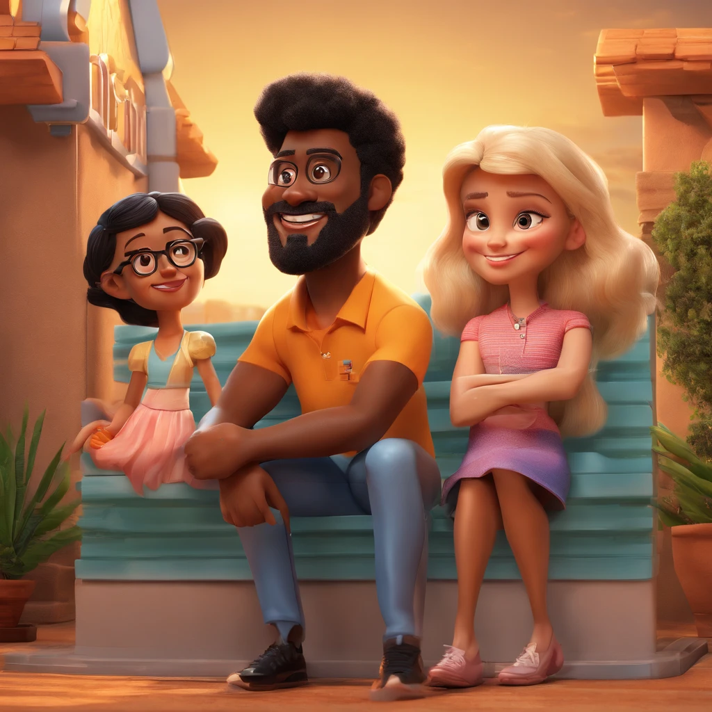 create a 3D movie poster inspired by Disney Pixar, The scene is supposed to contain a black man with a beard and very short black hair cut from the side and a light-eyed blonde woman who wears glasses