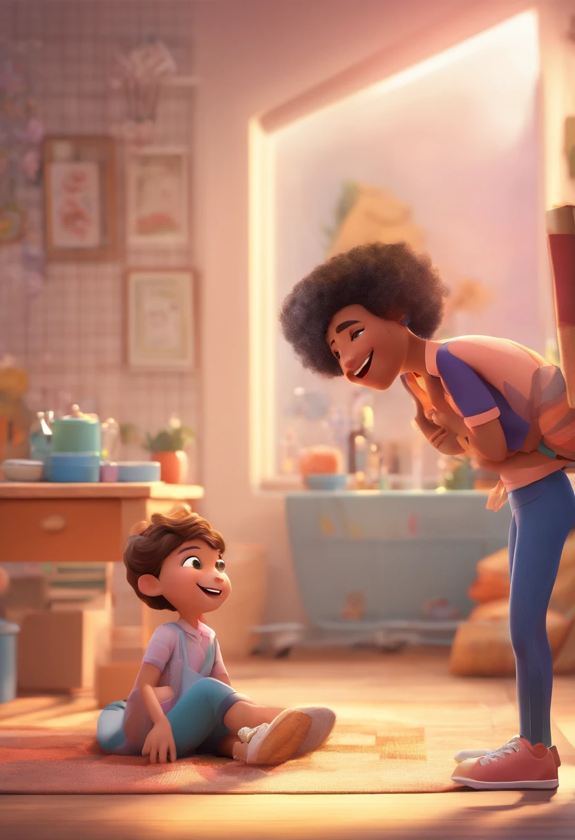 An illustration of an adorable couple, destacando um homem e uma mulher com bonito, Expressive eyes – the man's skin is black and the man's hair is bald and black, while the woman's skin is black and the woman's hair is curly and brown. They are a bright room, cada um com um sorriso no rosto, e compartilhar um momento especial caracterizado pelo amor, arroz, e insights educacionais. Illustrate this scene from a perspective where they are facing away from the camera, Showing Your Connection. Desenvolva esta arte em Full HD, Focus on your cinematic touch, Estilo Disney Pixar Animations