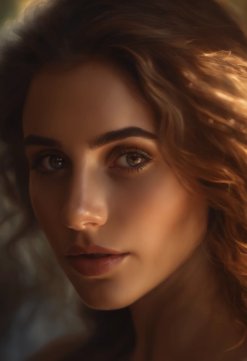 (best quality,highres:1.2),ultra-detailed,realistic,painting,portrait,detailed eyes and lips,vivid colors,warm color scheme,strong chiaroscuro lighting,dappled sunlight,texture brushstrokes,fine details,facial expression,beautiful girl with flowing hair,subtle background elements,soft shadows,studio lighting