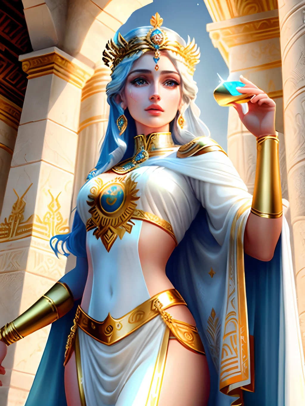 Queen Hera ancient greek goddess royal face, ultra straight nose, detailed drawn eyes, thin lips wearingwhite outfit standingin mount olympus ultra realistic.