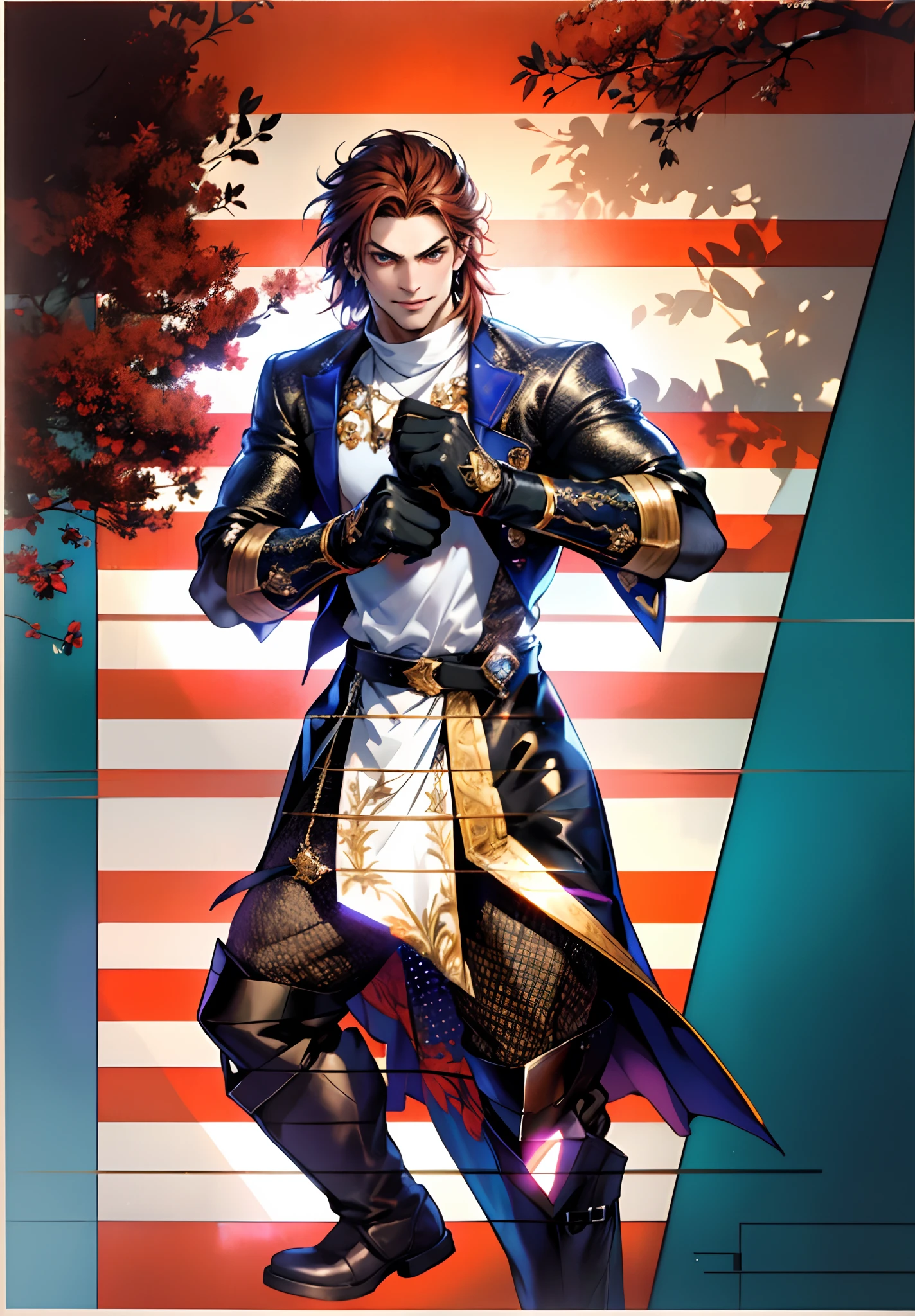 A young man, auburn hair, a center-parted back hairstyle, dark skin, narrow eyes, a cunning smile, a two-piece fantasy-reality style outfit, a white undershirt, a dark formal-style coat, wearing gloves, matching trousers with the outfit, has metallic-adorned knee-high boots, striking a boxing pose, against a background of horizon, this character embodies a finely crafted fantasy-reality style fighter in anime style, characterized by an exquisite and mature manga illustration art style, high definition, best quality, highres, ultra-detailed, ultra-fine painting, extremely delicate, professional, anatomically correct, symmetrical face, extremely detailed eyes and face, high quality eyes, creativity, RAW photo, UHD, 8k, Natural light, cinematic lighting, masterpiece-anatomy-perfect, masterpiece:1.5, tan skin