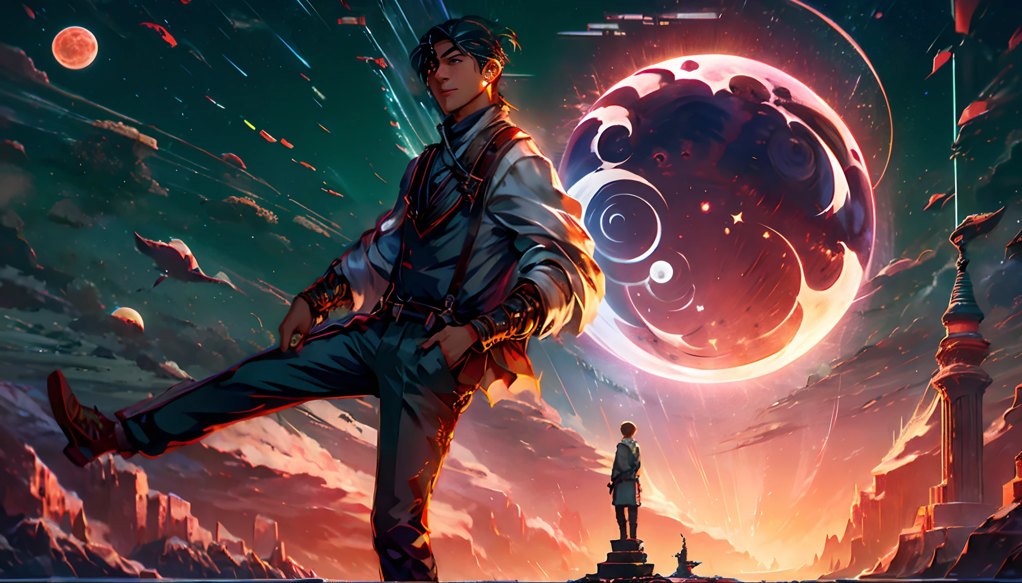 Starry sky over the sea,Great Blood Moon,Giant whales,Meteors streak across,aurora borealis,middle parted hairstyle,Suspenders,Boy student