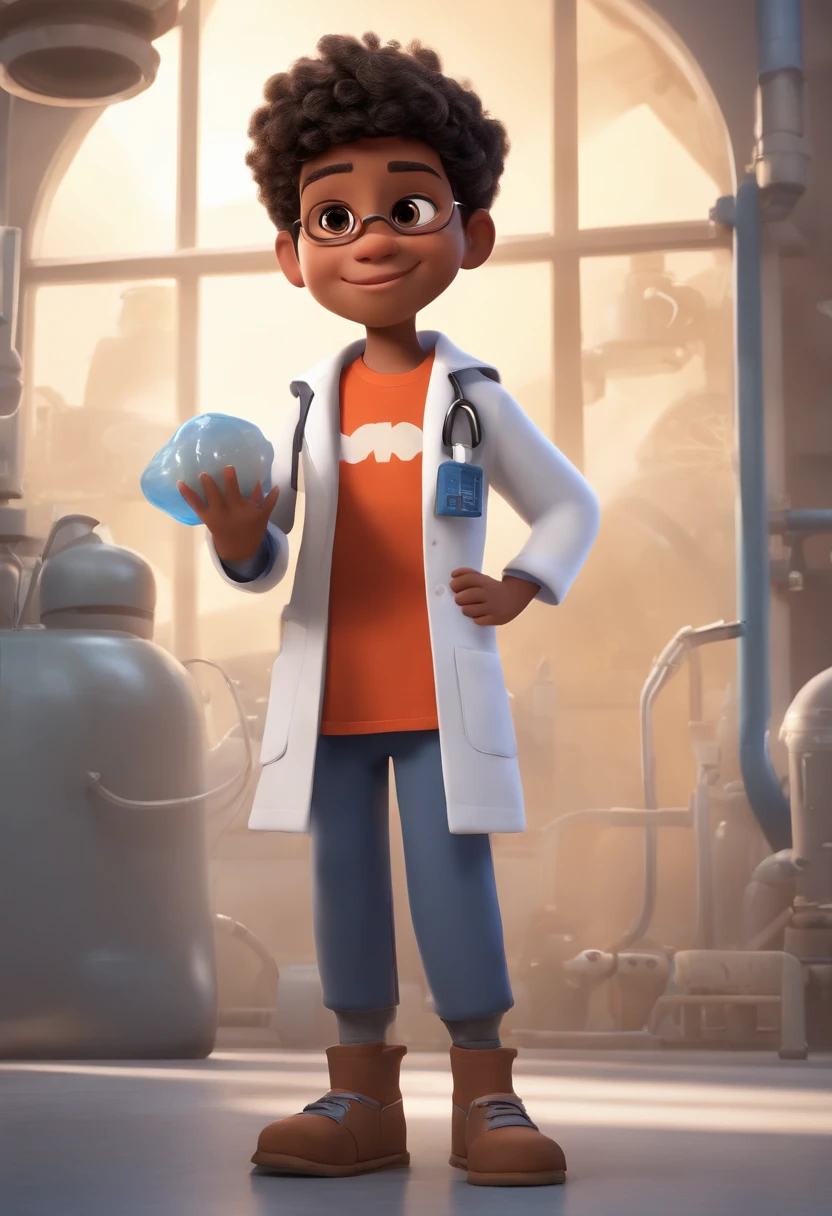 Create a Pixar-style character inside a lab coat.Image of a boy from a story in a Pixar-formatted YouTube video, He's little Alabest, He was the squad leader, He is very outgoing, naughty,In his left hand, he holds the experimental equipment,Holding a plastic bag in his right hand