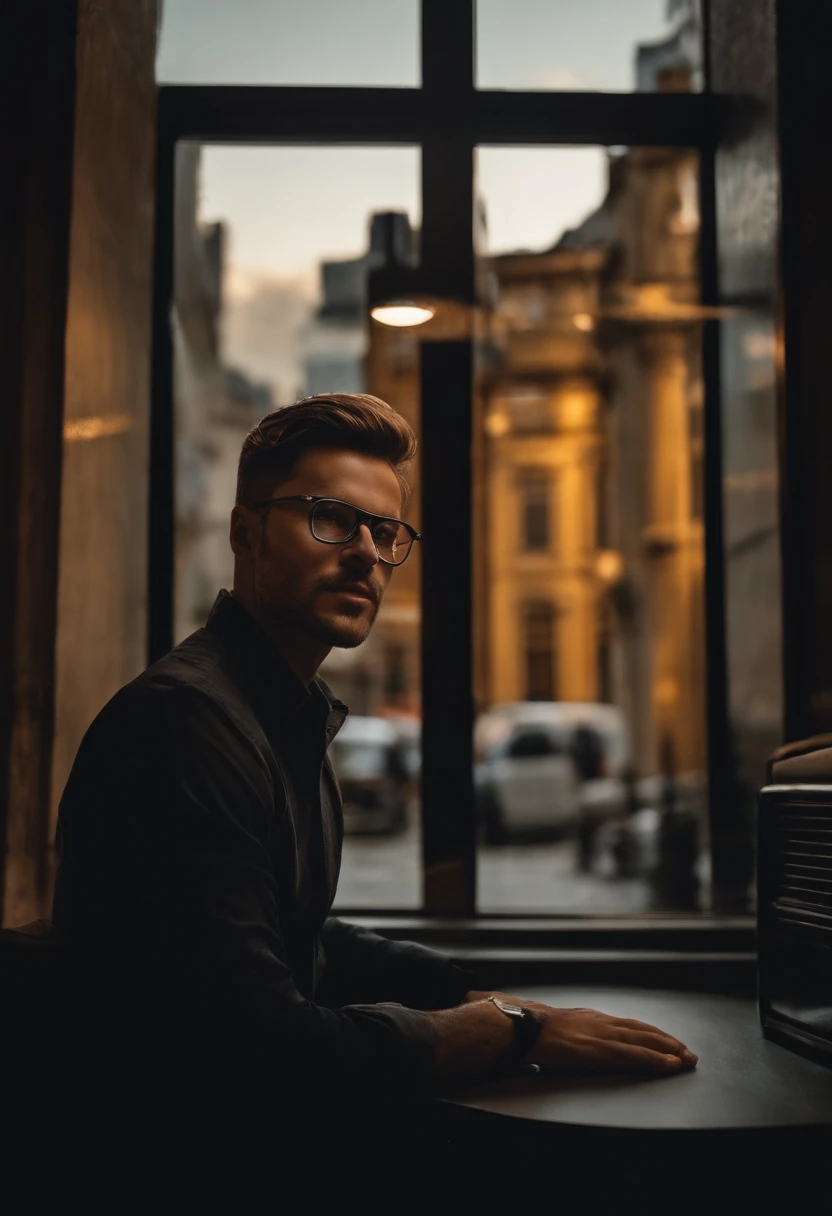 Imagem realista de um homem com curto, cabelos grisalhos, wearing glasses, vestindo um moletom preto, Olhos fechados, ambulante, boca ajar, with nothing in hand, in a night office, Night buildings in the landscape through the window