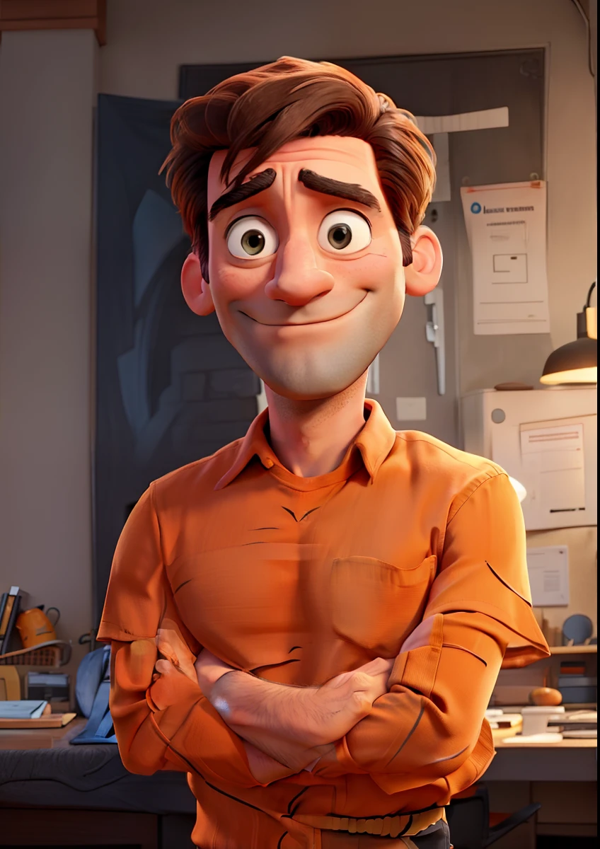 Jon Hamm, Cartoons in orange shirt and black pants, arms crossed, olhando para frente e sorrindo com os dentes aparecendo;