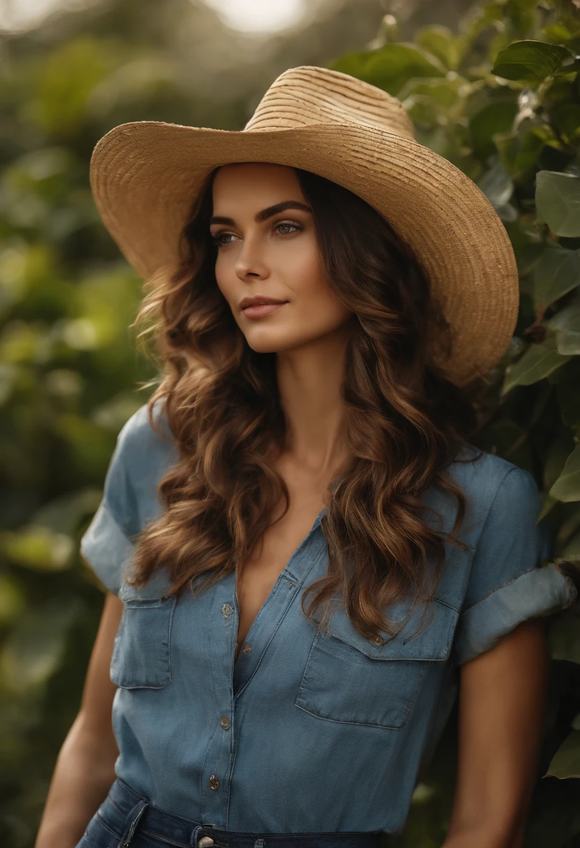 a girl, branca, medium brown wavy hair, olhos castanhos, In the garden, natureza, brincando com bezerros, straw hat, dia ensolarado, Denim Jeans Pants, camiseta western, bota