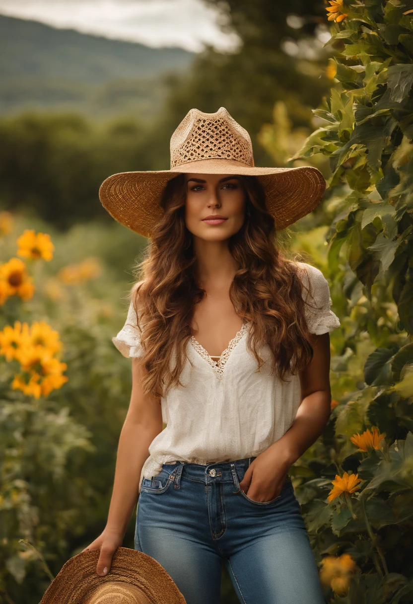 A woman in a straw hat standing in a field of sunflowers - SeaArt AI