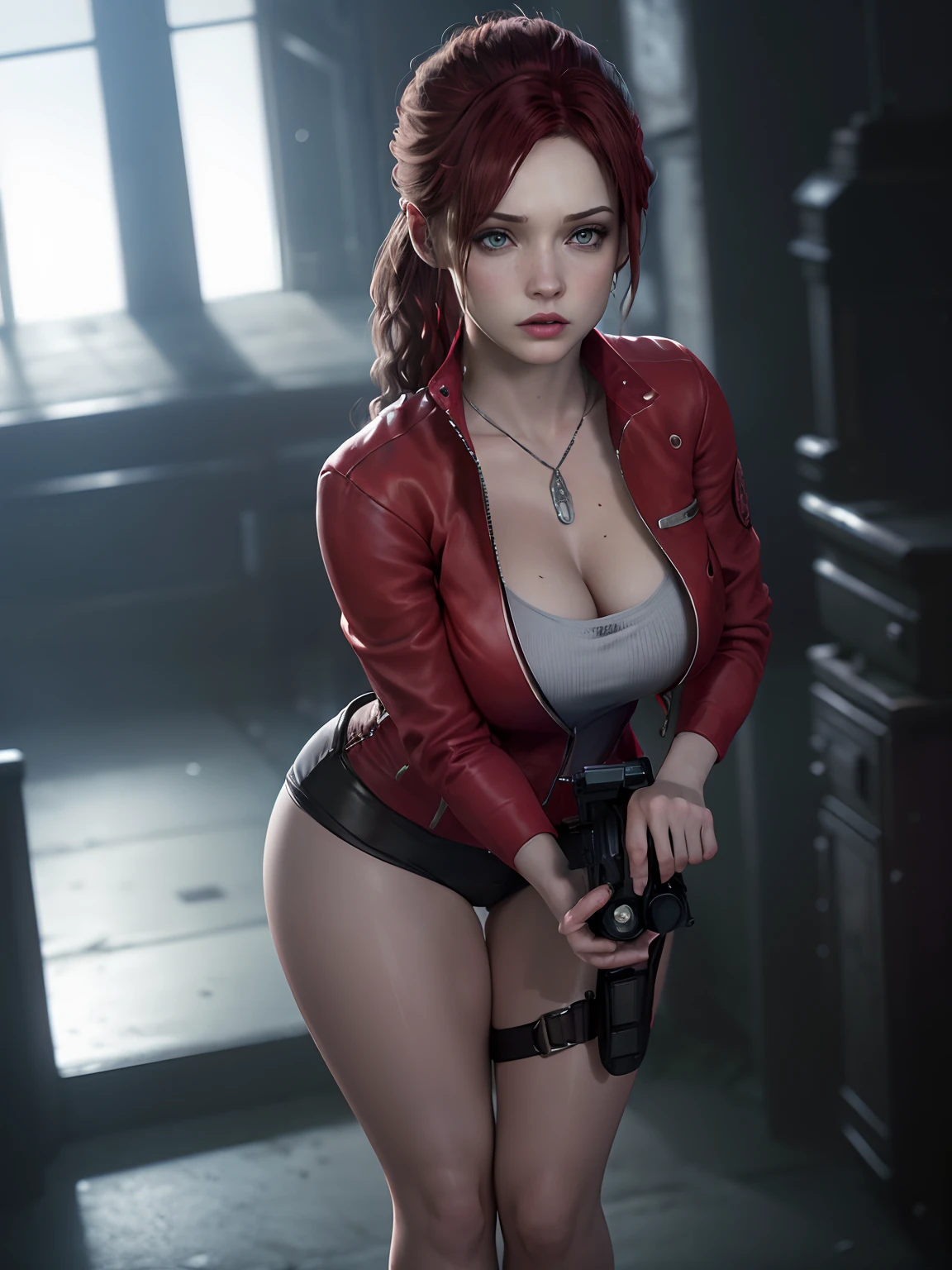 Resident Evil, Apocalyptic city, Christina Hendricks as Claire Redfield, beautiful woman, full body, pale white skin, medium red hair, tight clothing red leather jacket, holster holding a gun, realistic detailed face body clear image Highly detailed CGI 8K, hologram, ( big breast:s1.3), (realism:1.5), (Realisitc:1.4), (Absurdity:1.4), 8k, ultra-detailed, beautiful girl detailed, (1:1.4 only), 1 girl, (Viewer facing:1.2 ), (bright sunny day:1.5), Intricate body details, (short:1.3), (best quality: 1.0), (Ultra Highres): 1.0), highly detailed face and eyes, intricate details of Christina Hendricks physique, (photorealistic: 1.2)