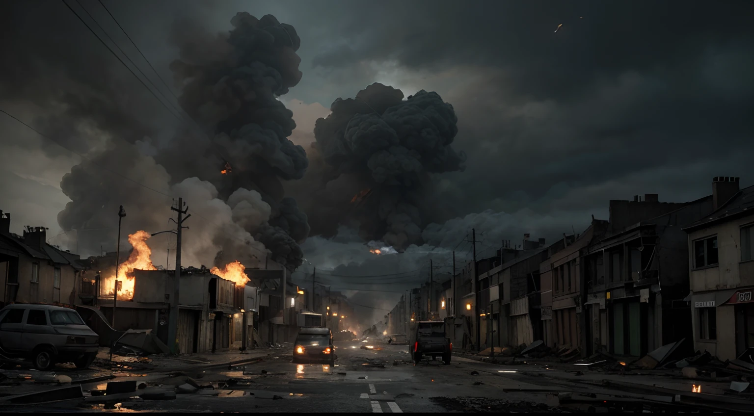 (DAYZ) create an image of a street with buildings on both sides, all in rubble stilium end of the world with little fire and smoke, gray clouds, war scene, realistic, measure 1920x940px, wide image stretched horizontally