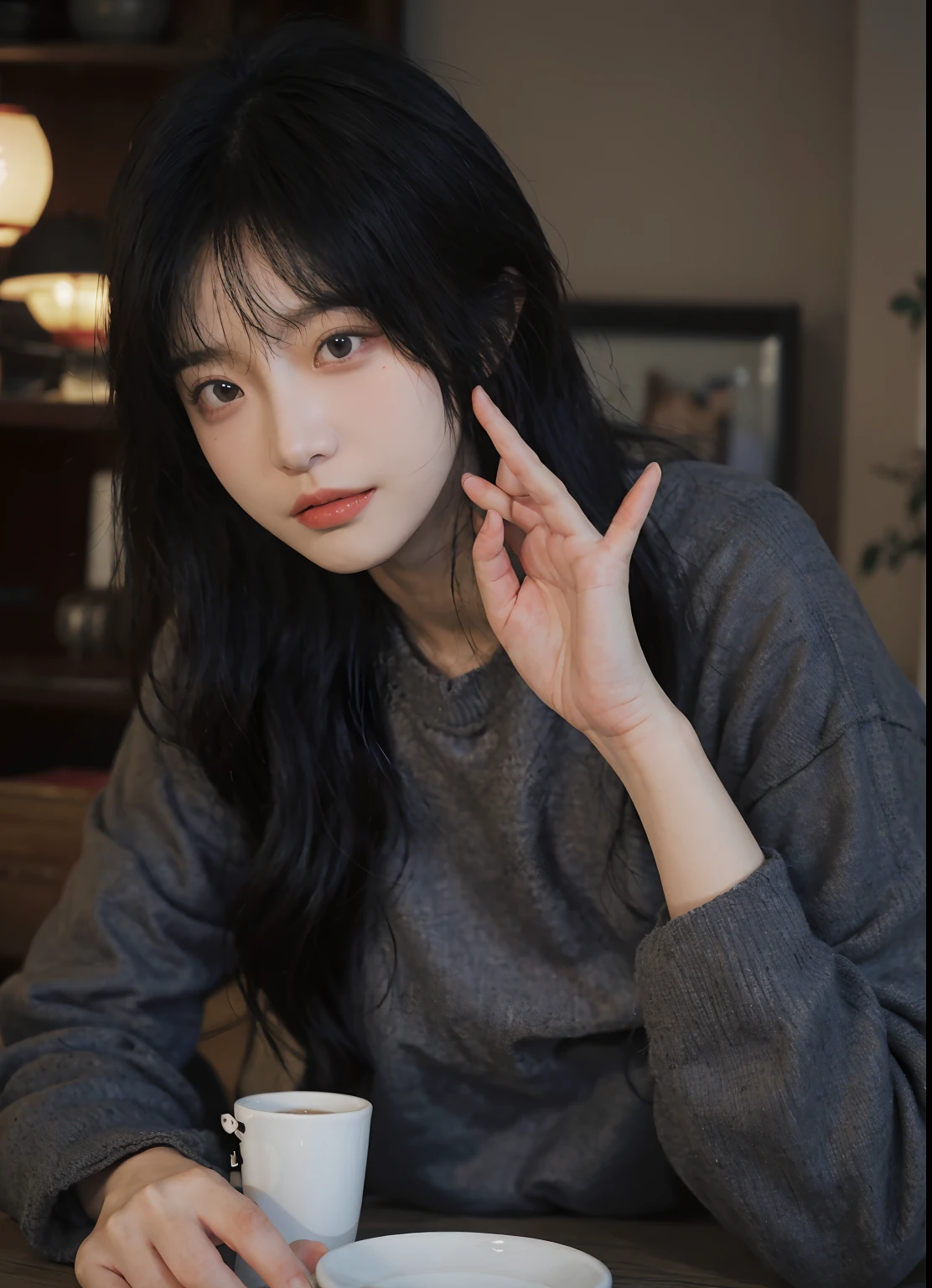 best qualtiy, 超高分辨率, (realisticlying:1.4), A woman with long black hair and a gray sweater, 中景 the scene is, She has black hair,By bangs, young lovely Korean faces, wan adorable korean face, ulzzangs, Shin Jinying, beautiful aesthetic face, Korean face features, Played by Liu Lee Ji Eun ,Beautiful realistic face