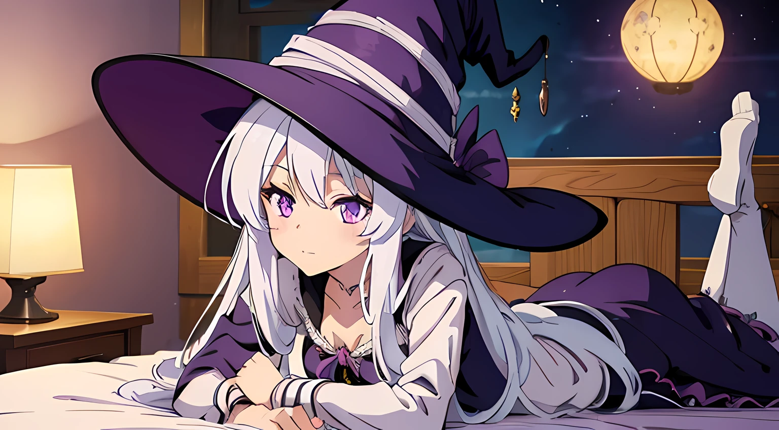 a witch girl, witch hat, long white hair, purple eyes, lying on bed, best quality, good anatomy, detailed face, anime character magician, bedroom, night time