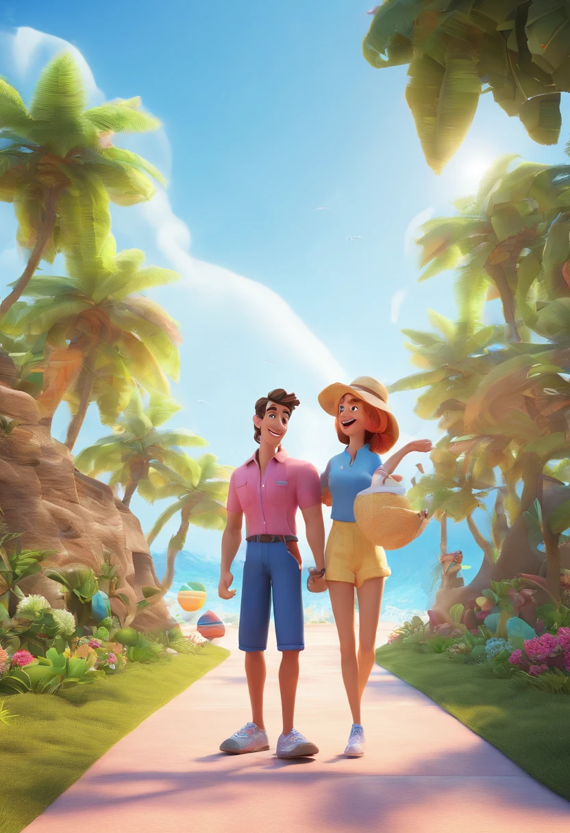 Cartoon couple having fun on beach vacation together,  3D Animation Movie Poster, Poster de filme animado, pixar 3 d animation style, pixar renderman rendering, maia 8 mil, animation film, Disney Pixar Estilo 3D, casal apaixonado, homem branco cabelo loiro, gordinho, Blue Eyes Gradient Social Hair, Camisa azul, black pant, black tennis, Mulher negra clara, olhos cor de mel, blue denim jumpsuit, cabelo longo, Pink Sneakers Outdoors, vacation, praia, Disney Pixar Animation Poster