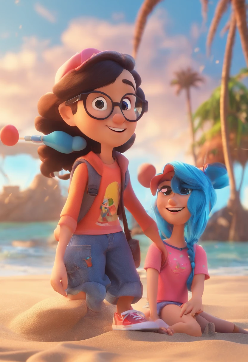 Cartoon couple having fun on beach vacation together,  3D Animation Movie Poster, Poster de filme animado, pixar 3 d animation style, pixar renderman rendering, maia 8 mil, animation film, Disney Pixar Estilo 3D, casal apaixonado, homem branco cabelo loiro, gordinho, Blue Eyes Gradient Social Hair, Camisa azul, black pant, black tennis, Mulher negra clara, olhos cor de mel, blue denim jumpsuit, cabelo longo, Pink Sneakers Outdoors, vacation, praia, Disney Pixar Animation Poster