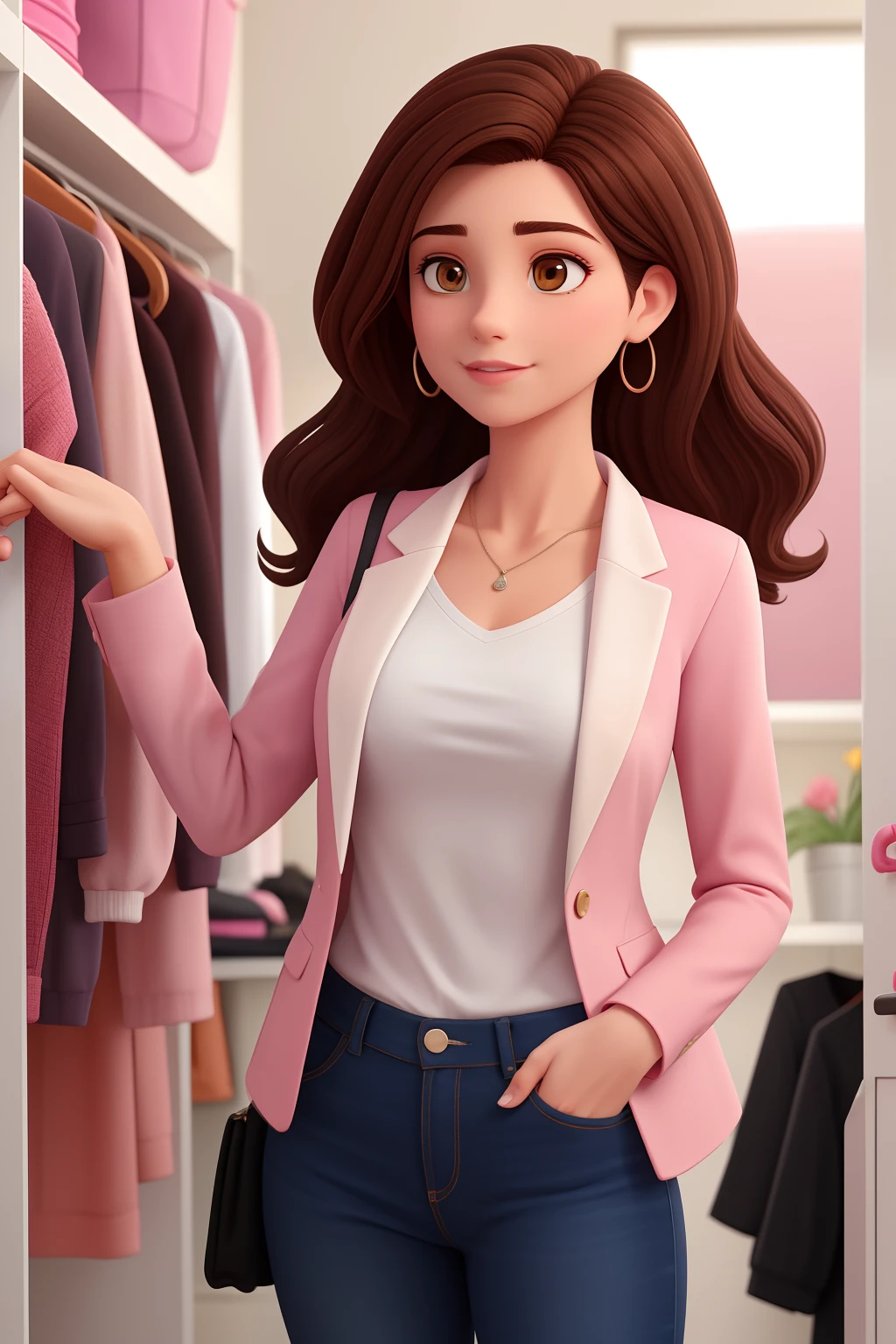 A woman working in the women's closet The woman with dark brown hair Wearing a blazer Pink jeans and white t-shirt