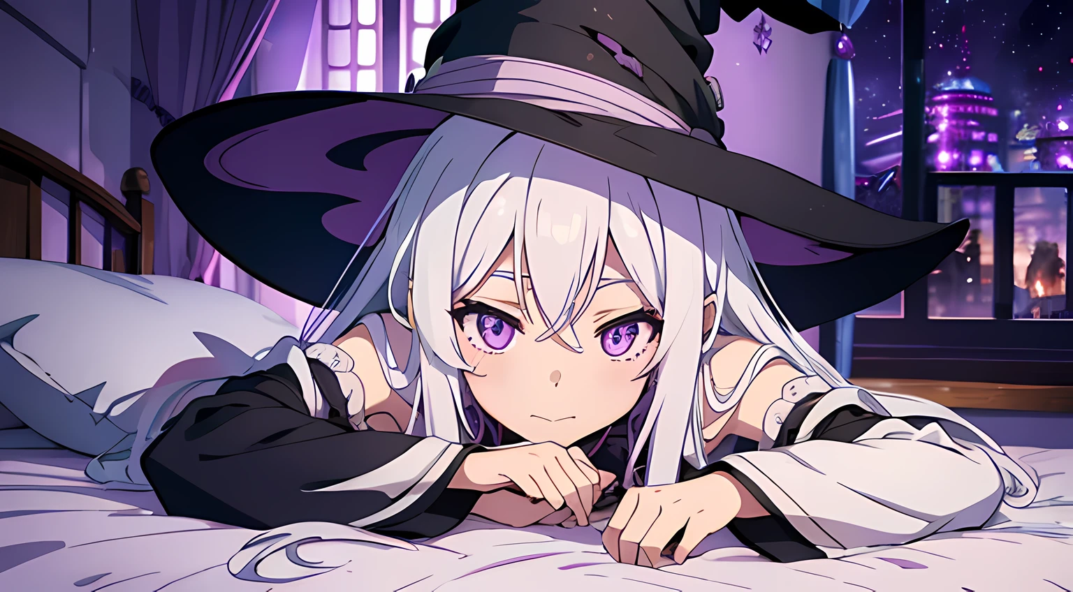 a witch girl, witch hat, long white hair, purple eyes, lying on bed, best quality, good anatomy, detailed face, anime character magician, bedroom, night time