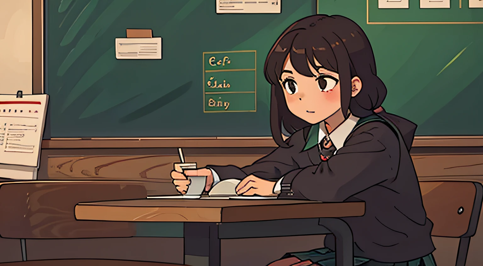 Schoolgirl studying in a coffee shop