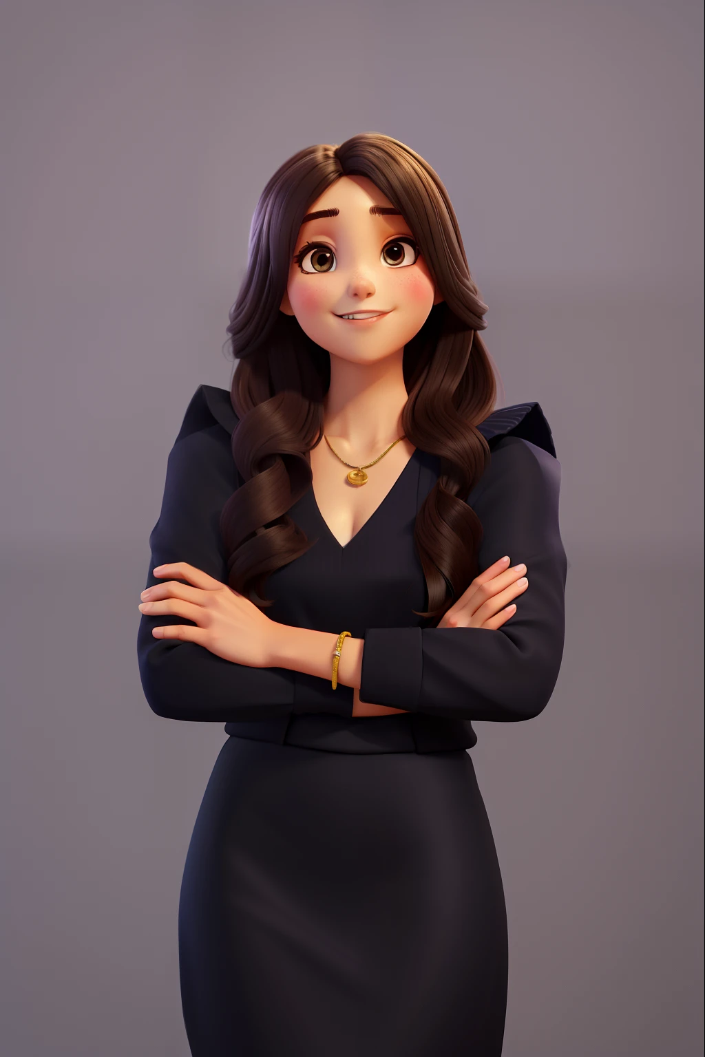 a pretty girl, fine strokes, cabelos longos castanhos, vestido longo preto, sorriso bonito, arms crossed, no fundo parede cinza
