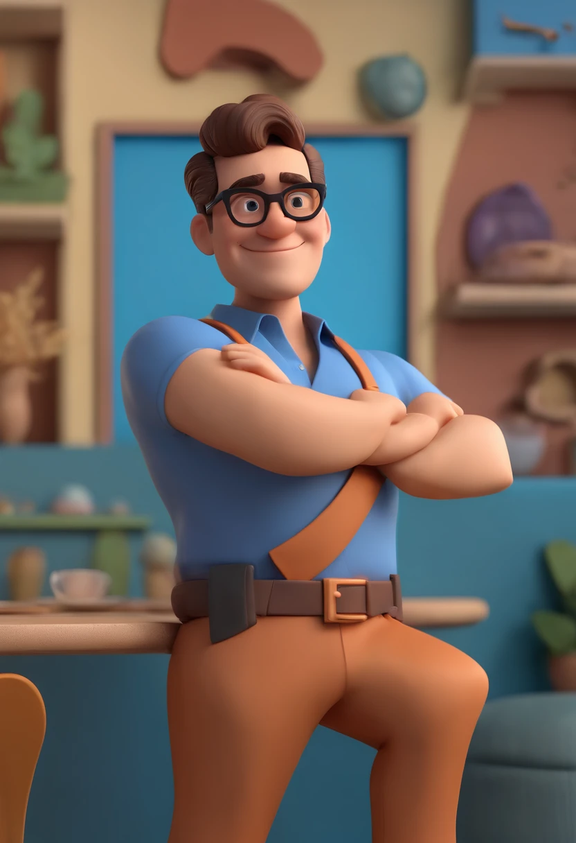 Cartoon character of a man wearing black glasses and a blue shirt, um personagem animado, Caractere estilizado, animation style rendering, 3D estilizado, Arnold Maya render, 3 d render stylized, toon render keyshot, Personagem 3D, Personagem 3D, 3d rendering stylized, 3 d character render, personagem de desenho animado, Personagem de close up, Pose de personagem, (Estilo Pixar) (master part:1.2) (Bokeh) (best quality) (pele detalhada) (textura detalhada) (8k) (argila) (Cinematic lighting) (foco nítido，Senta e vaza a parte superior do corpo