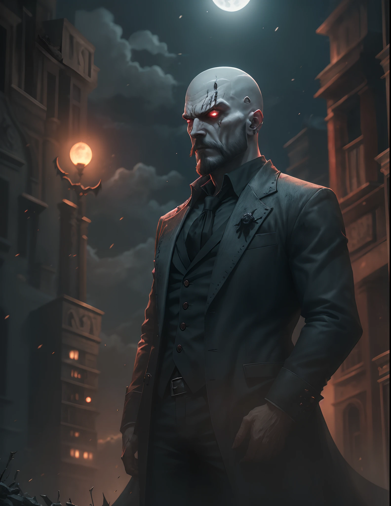 style realistic cinematic. A vampire with a slender frame, his pale skin almost glowing in the moonlight, stands atop a pile of . His shaved head and thick black beard give him a menacing appearance, as he surveys his domain with a cold, calculating gaze. --auto --s2