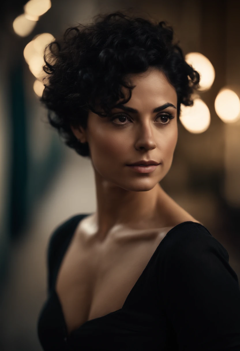 Short black curly hair, female, short height, muscular, medium size chest, small butt, Latina, round face, sharp jawline, small eyes, button nose, acne