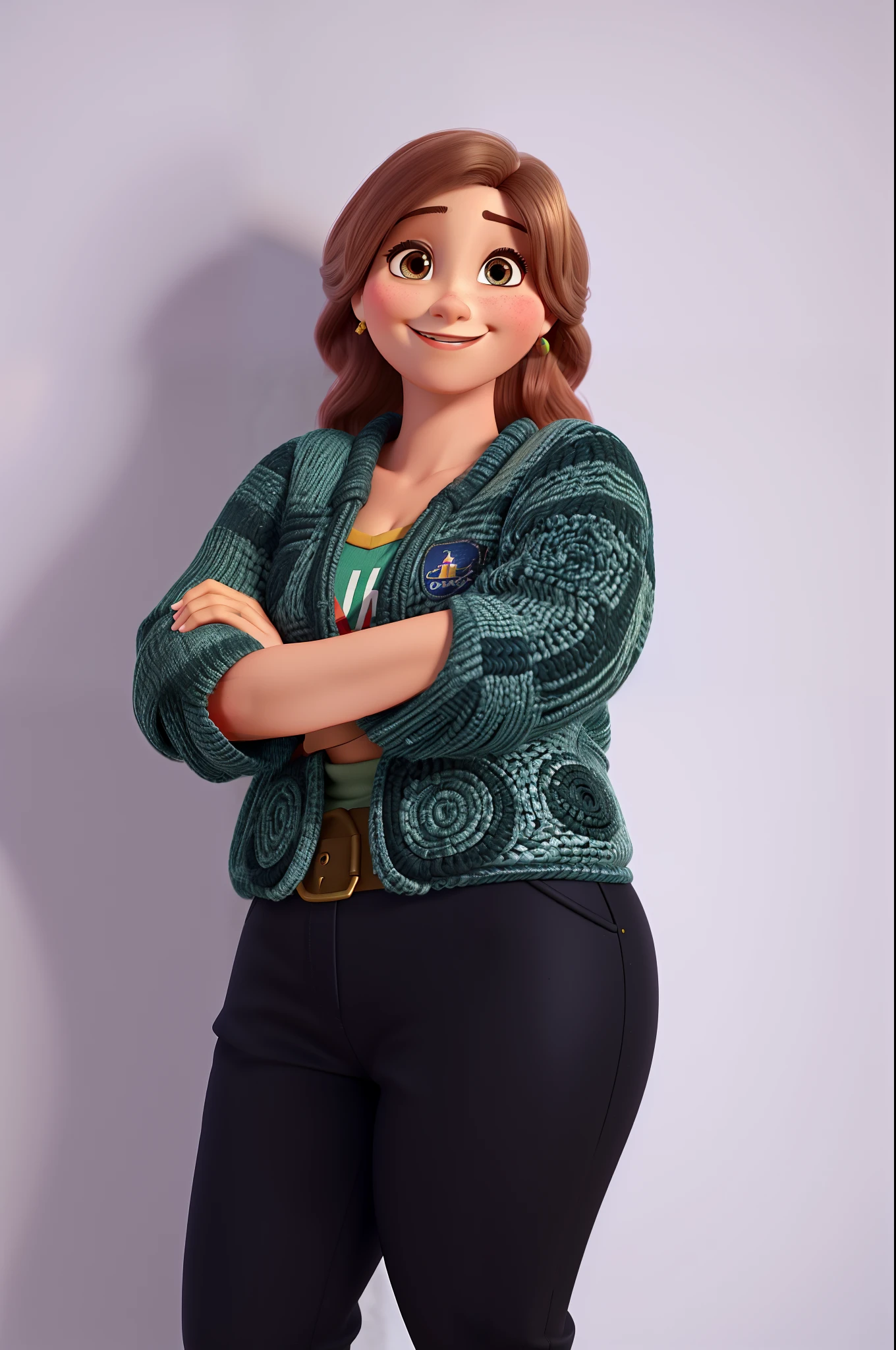 Mulher loira de pele clara, sorridente, cabelo curto loiro escuro, Olhos escuros, Estilo Disney Pixar, alta qualidade, High definition.