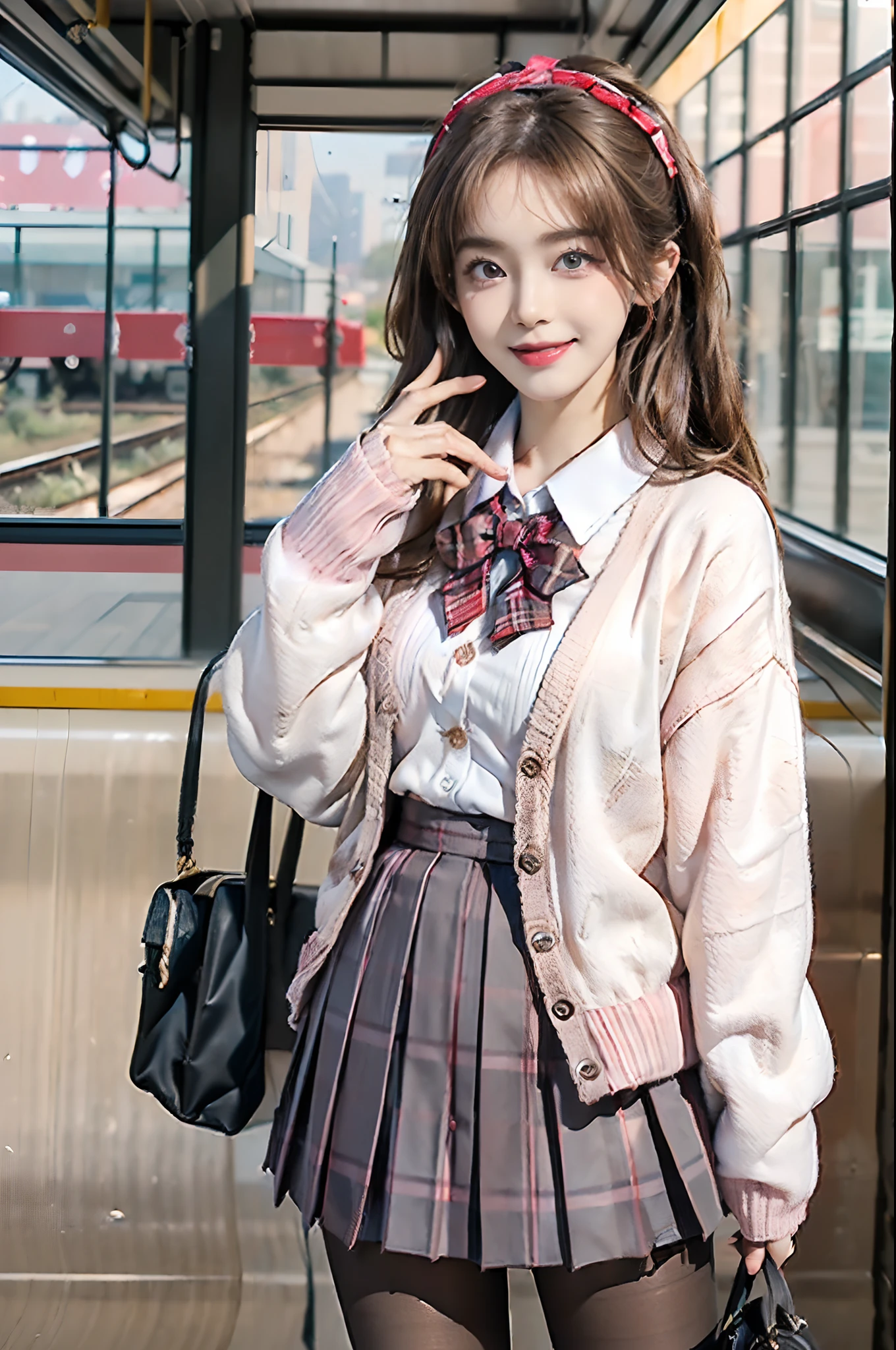 ((top-quality、8K、masterpiece:1.3))、(((1girl in)):1.3),((anatomy correct):1.45)、(Full body:1.5)、(((32years old)))、foco nítido:1.2、(realisitic、Photorealsitic:1.37)、(((A smile)))、Gaze towards the viewer、Beautiful Face Woman、28 year old、pointed chest、long eyeslashes、Colorcon、Big 、delicated、Very detailed eyes、Highly detailed eyebrows、(Sharp Eyebrows)、(Thin eyebrows)、very vey very detailed face、((Brunette short disheveled hair))、(School Uniforms:1.2), (Pink cardigan fits the body:1.4), ((Raise button, Not loose):1.5), ((Long sleeve, sleeves past wrists):1.2), (White collar shirt underneath:1.3), (Red plaid bow:1.3), (red plaid pleated skirt:1.3), ((Light brown pantyhose, lowfers):1.2), ((Scenery on the way to school))、Detailed background、(8K、masterpiece、top-quality、Raw foto)、(((Look at your phone on the train)))